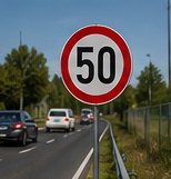 Exemplu de indicator de reglementare din gama ROMARK IND-R, montat pe marginea drumului